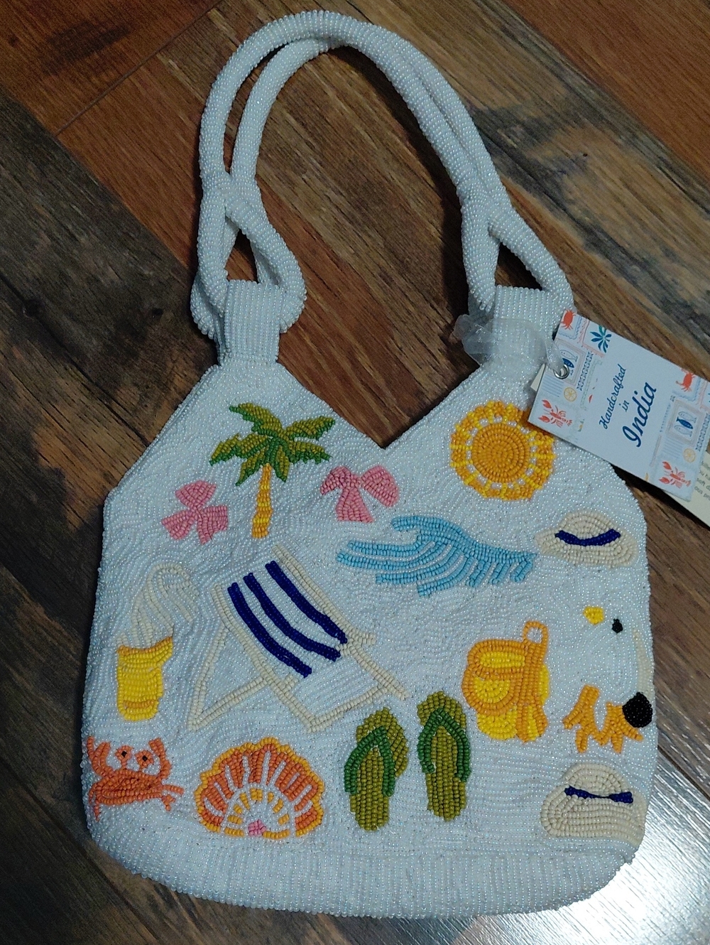 Beaded Beach Scene Tote Bag - White with Multicolor Embroidery